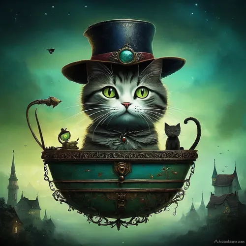 cat sparrow,tea party cat,ringmaster,hatter,steampunk,cheshire,cauldron,cat image,figaro,fantasy picture,napoleon cat,cat warrior,cat-ketch,halloween cat,fantasy art,the cat,bellboy,candy cauldron,tabby cat,lucky cat,Illustration,Abstract Fantasy,Abstract Fantasy 01