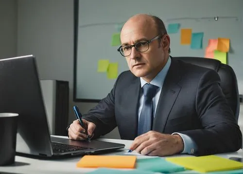 Software architect, middle-aged man, glasses, balding hair, suit, tie, sitting, office chair, desk, laptop, papers, pens, sticky notes, whiteboard, markers, modern office interior, bright lighting, 3/