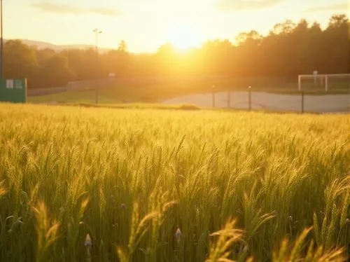 Wheat color palette, sports fields, sunny afternoon, lush green grass, soft golden light, gentle breeze, subtle shadows, warm atmosphere, horizontal composition, shallow depth of field, vibrant natura