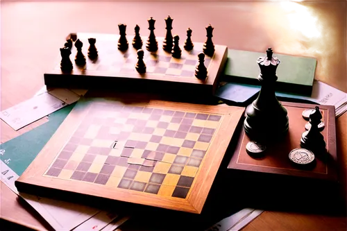 Wooden game board, vintage chess pieces, scattered playing cards, rolling dice, metal coin sounds, worn-out cardboard box, dimly lit study room, afternoon sunbeam, soft focus, warm color tone, shallow