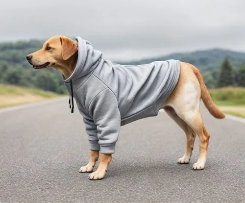  A dog suit. Sweatshirt.,a dog that is standing in the street,herd protection dog,dog coat,snuggie,labrador,fleece,gundogmus,Common,Common,Natural