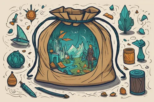 In a fantasy realm, a jute sack is rumored to contain powerful magical items. Write a quest where a group of adventurers search for it.,terrarium,fairy house,fairy tale icons,wishing well,message in a