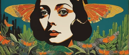 Illustrate a captivating Silence of the Lambs poster showcasing suspense and fear.,tiger lily,girl in flowers,flower nectar,film poster,cowslip,orange lily,art nouveau design,flora,art nouveau,girl in