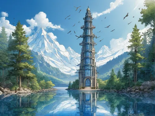 cellular tower,landscape background,fantasy landscape,fairy chimney,cell tower,world digital painting,electric tower,bird tower,spire,sky tree,high landscape,bird kingdom,japan landscape,steel tower,tower fall,studio ghibli,tower of babel,transmission tower,mountain scene,fantasy picture,Unique,Design,Blueprint