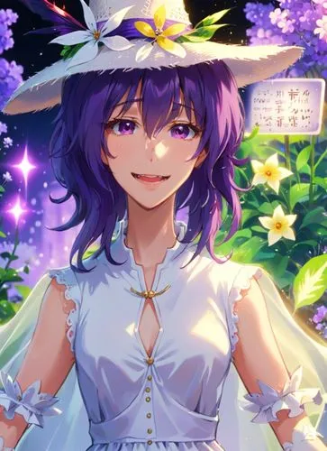 a demon ghost with purple hair and wearing white dress and wearing hat with flower decoration,the girl with purple hair and a hat in a garden,kaoru,touhou,seiran,patchouli,summer background,yanun,Anim