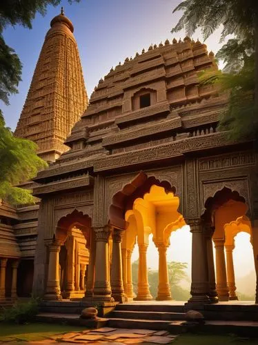 Majestic Saj architecture, ancient Indian temple, intricate carvings, ornate sculptures, towering pillars, grand entrance, vibrant colors, golden domes, delicate stone lattice, majestic archways, sacr