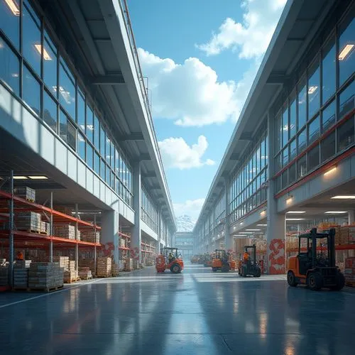 Futuristic warehouse, modern blobitecture style, sleek curves, metallic materials, glass facades, LED lighting, industrial ambiance, high ceilings, rows of shelves, pallets stacked with boxes, forklif