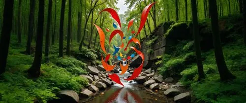 an abstract art installation in the middle of a stream,bamboo forest,cartoon forest,holy forest,forest path,nitobe,forest background,forest of dreams,jigoku,arashiyama,tropical forest,forest fish,gond