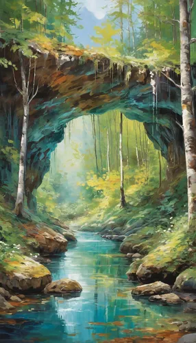 river landscape,forest landscape,mountain stream,brook landscape,flowing creek,log bridge,mountain spring,mountain river,landscape background,streams,clear stream,forest background,ravine,nature landscape,a river,fantasy landscape,natural landscape,mountain landscape,small landscape,world digital painting,Conceptual Art,Oil color,Oil Color 10