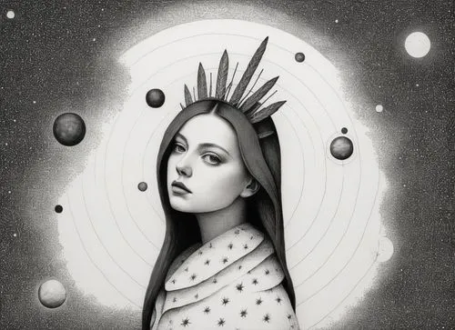 diwata,hecate,selene,queen of the night,priestess,moonstar,persephone,moonchild,inanna,estess,star mother,guanyin,virgen,moondragon,sun moon,lunar phase,mystical portrait of a girl,lunar phases,the snow queen,celestial body,Illustration,Black and White,Black and White 09