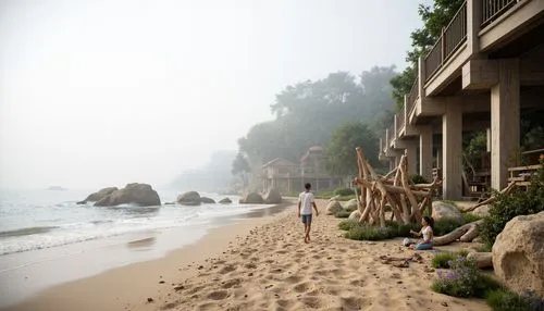 Sandy beaches, ocean waves, seaweed-covered rocks, driftwood sculptures, weathered wooden piers, misty mornings, soft warm lighting, calming color palette, soothing blues, whites, and sandy neutrals, 