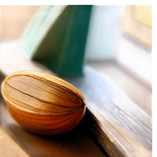 Almond, still life, brown skin, oval shape, vertical crack, glossy surface, soft focus, warm lighting, shallow depth of field, 3/4 composition, golden ratio, rustic wood background, morning sunlight f