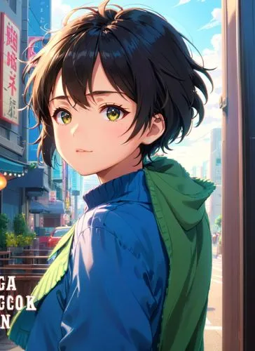 movie poster,a  wearing a blue jacket is shown in front of a street,haruka,hiro,takagaki,makoto,yusuke,akiba,Anime,Anime,Realistic