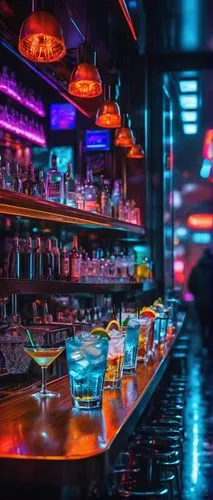 Modern bar, trendy atmosphere, neon lights, shiny wooden counter, stools with metal legs, bartender polishing glass, dimly lit, urban nightlife, cityscape outside, rainy night, wet pavement reflection