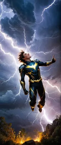 En mis sueños aparece esa sonrisa fugaz convirtiéndose en un relámpago dulcemente cruel que he sabido guardar en el sagrario del alma.,a young man dressed in an energy suit jumping with lightning behi