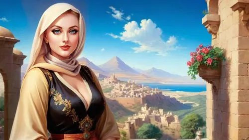 Romantic masterpiece oil painting, beautiful curvy busty woman portrait, silk sarafan dress, nostalgic 1950's style kitsch, breathtaking beautiful epic vast Middle Eastern landscape, majestic scenery,