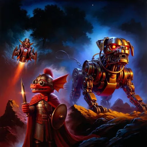 1986 painting, foggy mist, burgundy-red, gold, mist, misty glow, blue glow, twilight, dark-blues, cinematic lighting, 80s glow, oil painting on canvas with bold brush strokes,two robot knights facing 