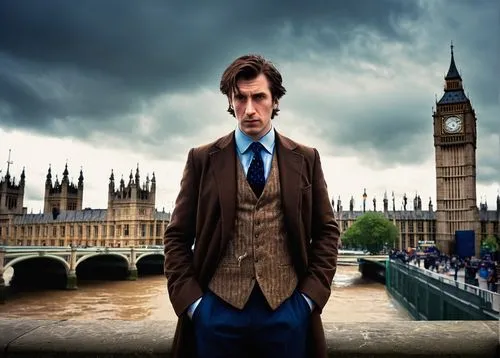 The 16th Doctor, male, Time Lord, sonic screwdriver, brown suit, blue shirt, black tie, Converse shoes, messy brown hair, intense eyes, serious expression, standing, leaning on a wall, London cityscap