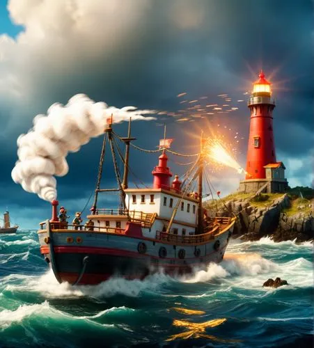 a fishing ship moves to the ligththouse,a large ship in the middle of an ocean,lightship,cartoon video game background,sea fantasy,electric lighthouse,lightships,lighthouses,Conceptual Art,Fantasy,Fan