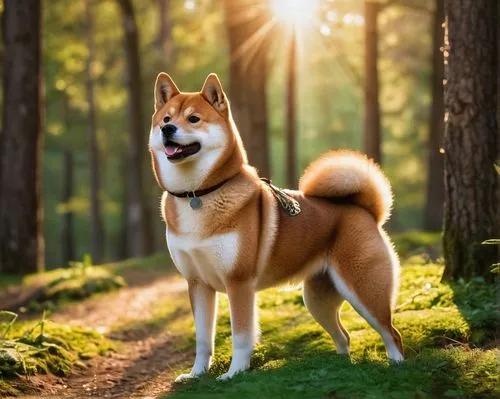 brown dog, Shiba Inu, standing, outdoor, forest, trees, sun-dappled, green grass, fluffy fur, cute face, tongue out, ears up, bushy tail, 3/4 composition, natural light, warm colors, cinematic atmosph