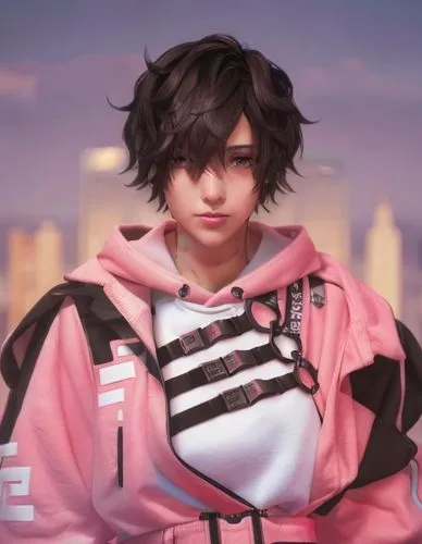 dark brown hair, dark brown eyes, pink lips, female, girl. crop hoodie.,honmei choco,portrait background,ren,pink vector,pink background,man in pink,anime boy,cancer icon,city ​​portrait,hong,yukio,ka