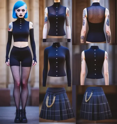 Paper doll goth blue haired girl in black sleeveless shirt ,black tight fit spandex shorts, complete full length fishnet and black boot standing surrounded by with a set of goth fashion clothing, shir