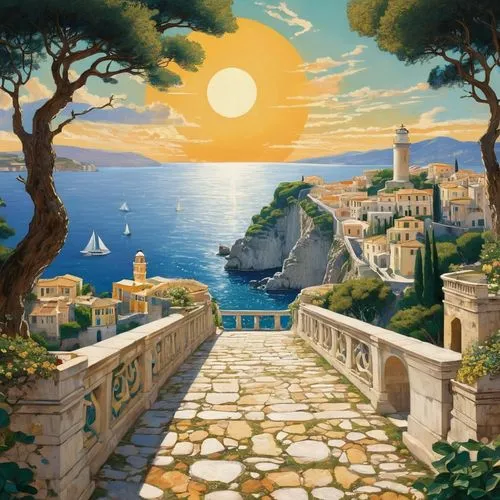 wallpaper, bridge, sea, castle, lighthouse, roads, light, village, trees, signs, sun, sunlight, Gustav Klimt ,mediterranean,dubrovnik city,dubrovnik,capri,malta,puglia,positano,dubrovnic,mediterranean