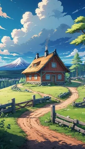 butka,landscape background,home landscape,red barn,sylvania,lonely house,Illustration,Japanese style,Japanese Style 03