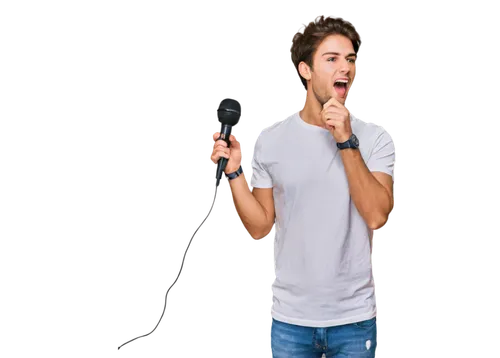 Young adult guy, speaking, mouth open, microphone in hand, casual wear, blue jeans, white T-shirt, messy brown hair, slight stubble, dynamic pose, energetic expression, recording studio background, so