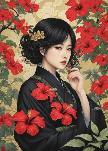 geisha girl,japanese floral background,geisha,red petals,japanese art,oriental painting,floral japanese,chinese art,hanbok,camellia blossom,camelliers,camellia,camellias,chinese peony,kimono fabric,japanese camellia,flower painting,red carnation,red flower,ikebana,Illustration,Japanese style,Japanese Style 18