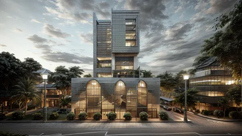 architecture facade, tropical indonesian modern house, 3 story building,multistoreyed,glass facade,las olas suites,modern architecture,residential tower,cubic house,cube stilt houses,arq,skyscapers,si