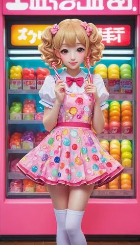 Funiko Pop, Japanese-style figurine, colorful, cute, big round eyes, pink blush, curly blonde hair, sweet smile, sparkly eyelashes, frilly dress, short sleeves, pleated skirt, white socks, red shoes, 