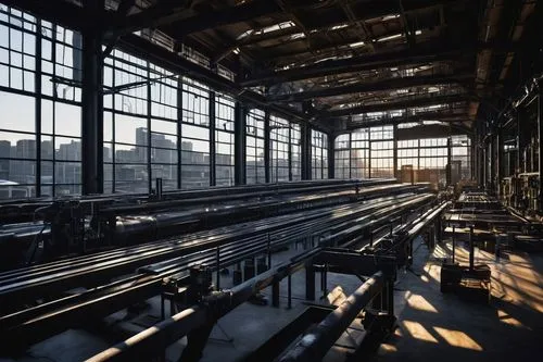 Industrial-style factory, modern architecture, steel beams, concrete pillars, glass ceiling, exposed pipes, mechanical equipment, conveyor belts, manufacturing machinery, control panels, futuristic in