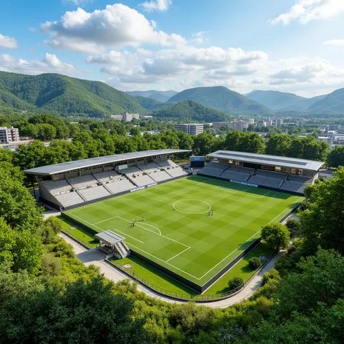 Natural grass soccer field, rolling hills, lush greenery, scenic views, winding walking trails, stadium seating areas, cantilevered roofs, modern architecture, sleek curves, steel structures, transpar