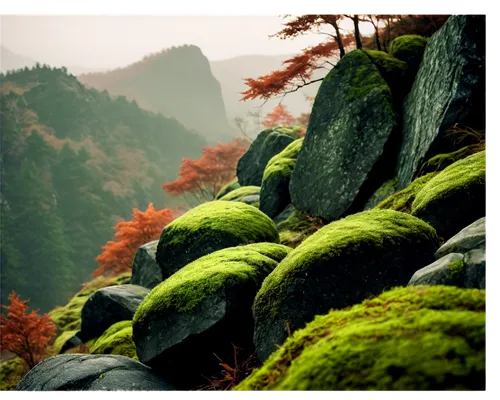 moss landscape,huangshan mountains,huangshan,japanese mountains,japan landscape,forest moss,autumn mountains,laoshan,mountain stone edge,alishan,hushan,moss,autumn in japan,tree moss,mossy,mountainous landscape,mountain pasture,wudang,green landscape,beautiful japan,Illustration,American Style,American Style 06