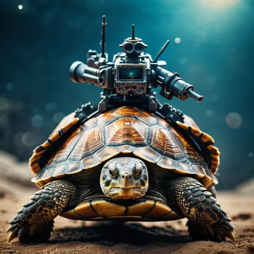 space god-turtle with two big guns on back, natural shot,terrapin,mars rover,trachemys,trachemys scripta,land turtle,moon rover,map turtle,turtle,tortoise,carapace,tortoiseshell,common map turtle,miss