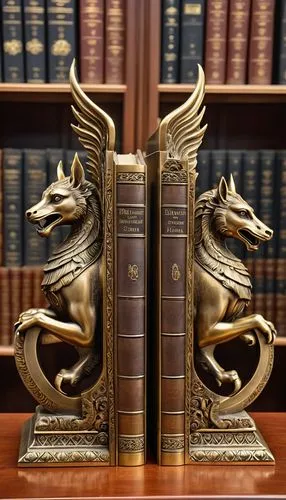 A set of intricately carved brass bookends, each depicting a mythical creature guarding a hidden portal, flank a collection of ancient texts within a dusty castle library. The weight of countless stor