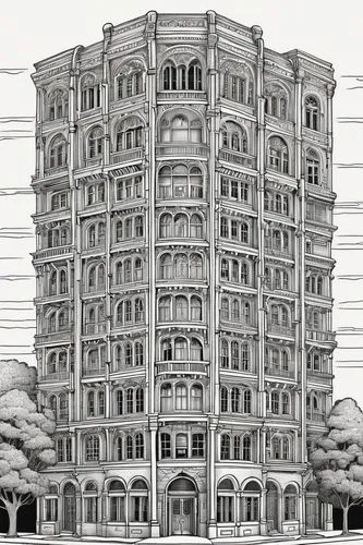 multi-story structure,mansard,edificio,antilla,apartment building,spandrel,high-rise building,residential tower,high rise building,frontages,facade painting,taj mahal hotel,multistorey,block of flats,renaissance tower,samaritaine,multistoreyed,architectural style,flatiron building,corinthian,Illustration,Black and White,Black and White 14