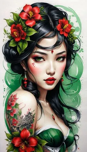 viveros,chicana,jasmine blossom,tattoo girl,girl in flowers,diwata,rose flower illustration,flower painting,watercolor pin up,beautiful girl with flowers,persephone,background ivy,gardenias,flora,flower girl,flower fairy,elven flower,boho art style,sichuanese,rosebushes,Conceptual Art,Fantasy,Fantasy 03