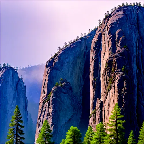 Granite cliff, Yosemite National Park, California, USA, morning mist, lush green forest, tall trees, waterfall in distance, rugged rock formations, serene atmosphere, warm sunlight filtering through f