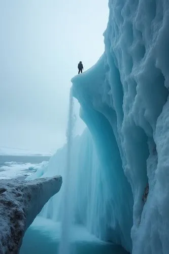 北極冰山斷崖,有一條細長的瀑布,斷崖上站著渺小的人,a man is standing on an ice cave,icefalls,icefall,ice cave,ice castle,crevassed,crevasse