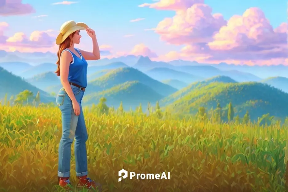 a painting of a woman wearing a hat and a shirt in a field,heidi country,eilonwy,landscape background,arrietty,annabeth,lorax,Common,Common,Cartoon