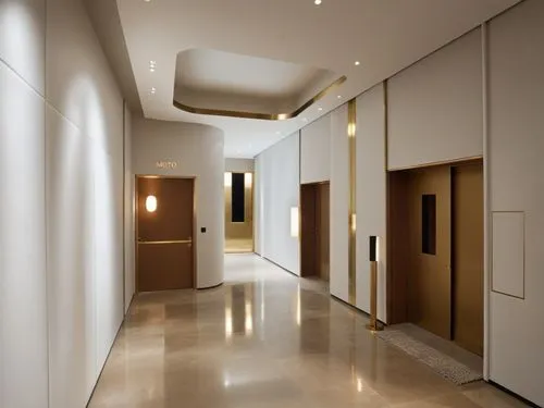 a clean and empty hallway leading to an elevator,hallway space,hallway,corridor,corridors,foyer,hallways,Photography,General,Realistic