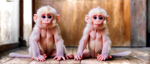 Cute monkey, infantile face, big round eyes, tiny nose, soft pink lips, fluffy white fur, little hands holding banana, sitting on wooden floor, warm sunlight, shallow depth of field, 3/4 composition, 