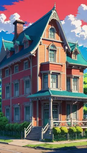 dreamhouse,victorian house,apartment house,springfield,mansard,mansion,beautiful buildings,pei,country hotel,grand hotel,townhome,kotoko,wild west hotel,house painting,maplecroft,townhouses,ghibli,marylhurst,apartment building,red roof,Illustration,Japanese style,Japanese Style 03