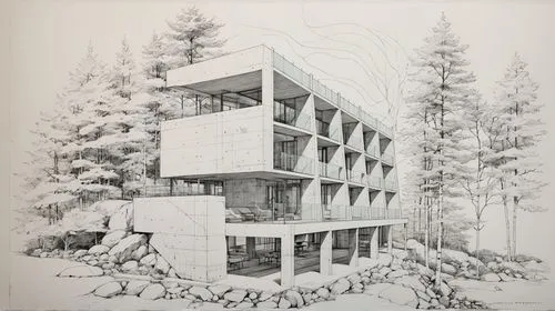 a sketch of the facade of an office building in the woods,hejduk,eisenman,menger sponge,aalto,habitational,langara,Unique,Design,Blueprint