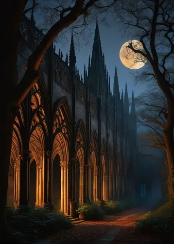 haunted cathedral,gothic church,nidaros cathedral,ravenloft,gothic,cathedral,moonlit night,gothic style,hall of the fallen,halloween background,gothicus,castlevania,necropolis,halloween illustration,night scene,neogothic,world digital painting,duomo,dark gothic mood,moonlit,Illustration,American Style,American Style 02