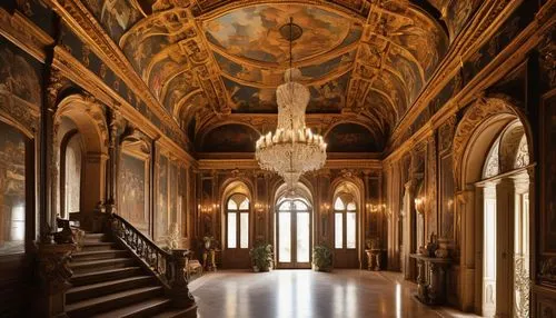 Baroque Guarino Guarini architecture, ornate decorations, grand staircase, intricately carved stone walls, high ceilings, large windows with heavy drapery, gilded frames, frescoed ceiling, marble floo