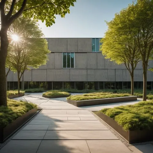 Vitra campus, modern architecture, brutalist design, concrete structure, geometric shape, glass facade, metal frames, green roof, courtyard garden, walking paths, benches, trees, fountain, natural lig