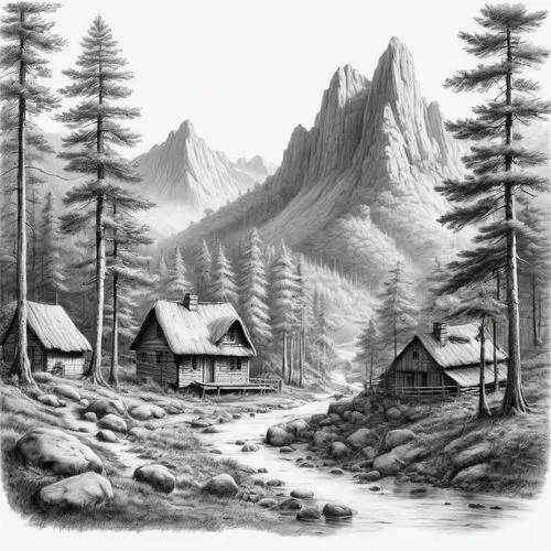 mountain huts,log cabin,mountain hut,bunkhouses,log home,mountain scene,Illustration,Black and White,Black and White 35